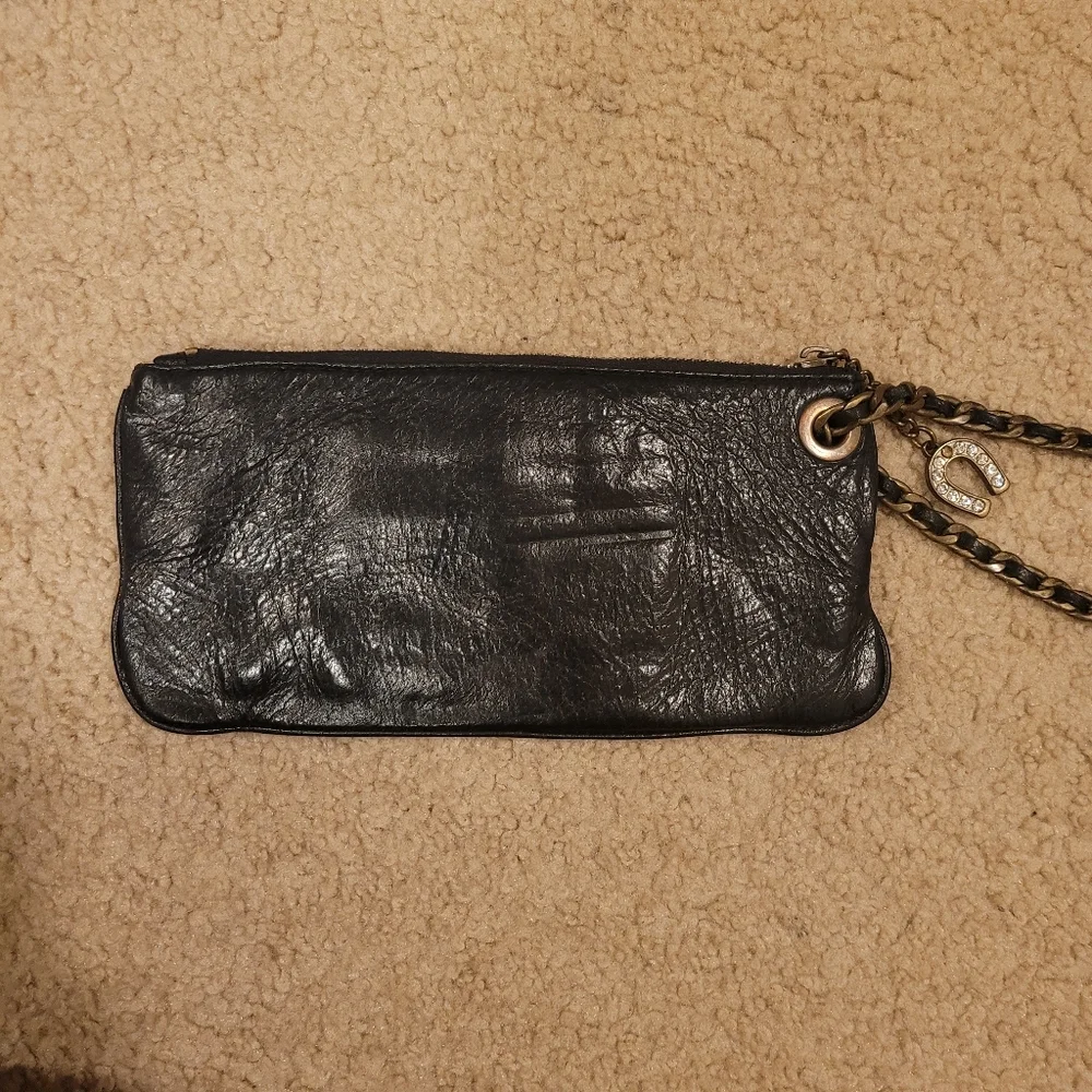 Rare Betsy Johnson Studded Black Heart Leather Clutch Chain‎ and Leather Strap
